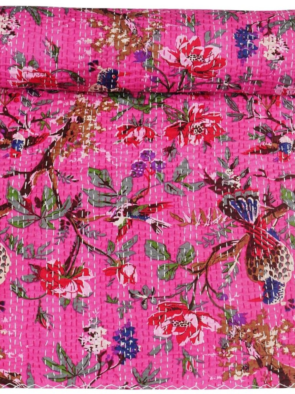 Indian Handmade Stitched Pure Cotton Bohemian Bird Print Kantha Quilt Baby Pink,